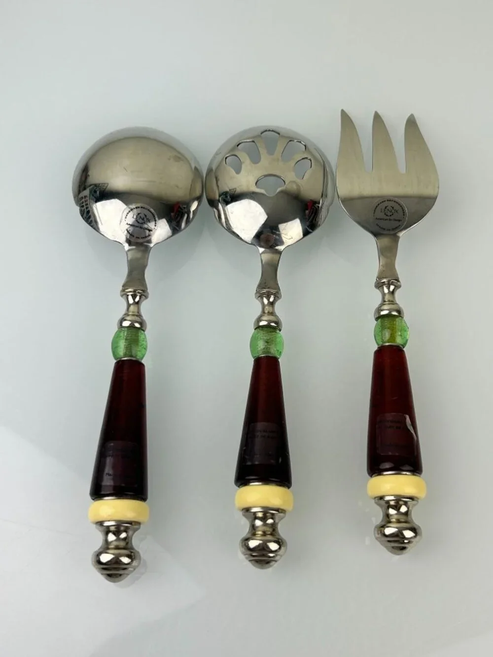 Lenox Holiday Gatherings 3 Pc Amber Green Serving Set Fork Spoon Slotted